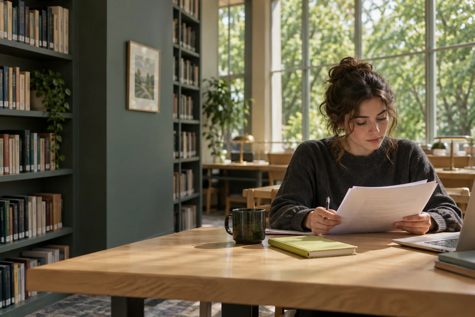 A reader annotating a manuscript in a sunlit library