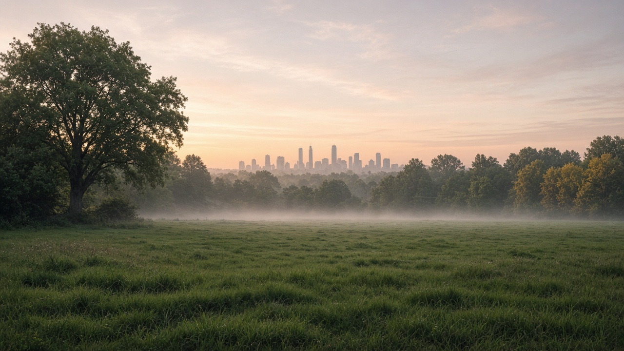 Open green meadow with a distant city skyline